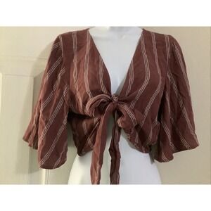 American Eagle Womens Tie-Front Crop Top Sz M Bell Sleeves Striped Stretch New